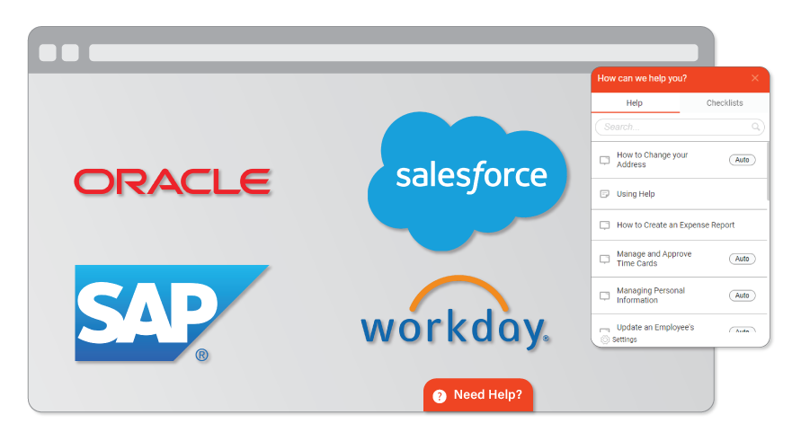 An image of some of the HTML software that is compatible with ENGAGE Live. In this screenshot, the examples used are Oracle, Salesforce, SAP, and Workday.