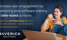 A young woman sits at a desk eating a small bowl of pomegranate seeds. Her computer is open and a cup of coffee is partially out of frame. Text reads, "Increase user engagement by delivering your software training in bite-sized portions. Lear how microlearning caters to the short attention span of modern professional workers.