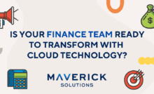 A grey background with icon images of a money bag, target with bullseye, calculator, and megaphone. Text reads, "Is your finance team ready to transform with cloud technology?" Driving Financial Growth: The Competitive Edge of Cloud Technology in Finance
