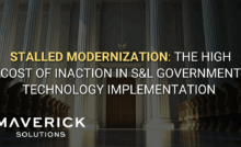 Walkway leading up to a historic building. There are figures on either side of the walkway and large columns that stretch out of the image where two wooden doors sit. Text reads, "Stalled Modernization: The high cost of inaction in S&L government technology implementation"