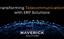 A geometric horizon with glowing dots on a dark background. Text reads, "Transforming Telecommunications with ERP Solutions." From Chaos to Clarity: Transforming Telecommunications with ERP Solutions